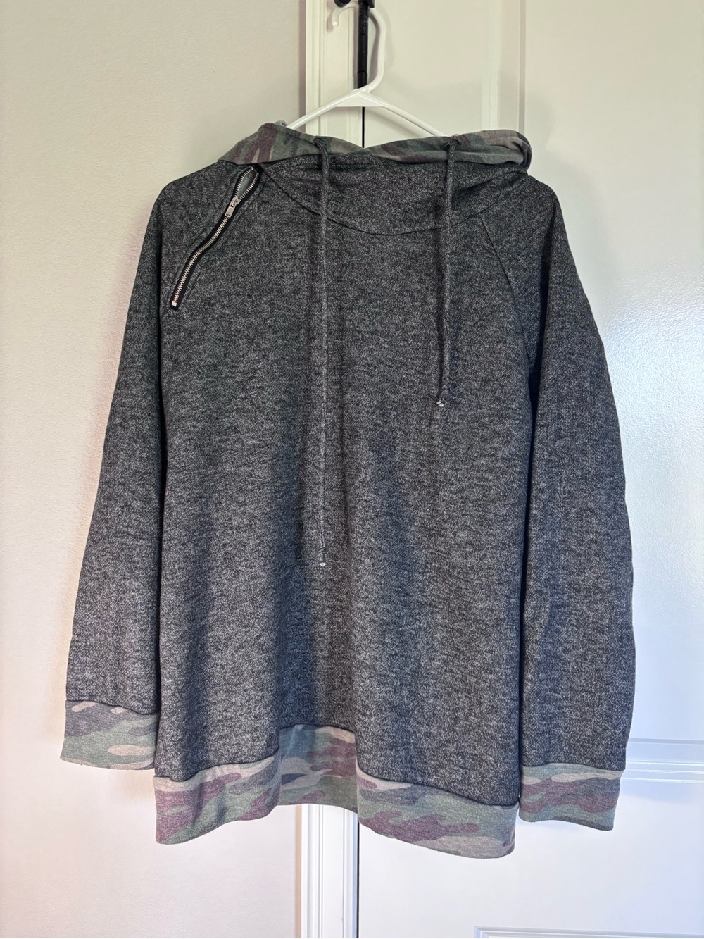 Vanilla Bay Gray Hooded Pullover Sweater with Camo Trim